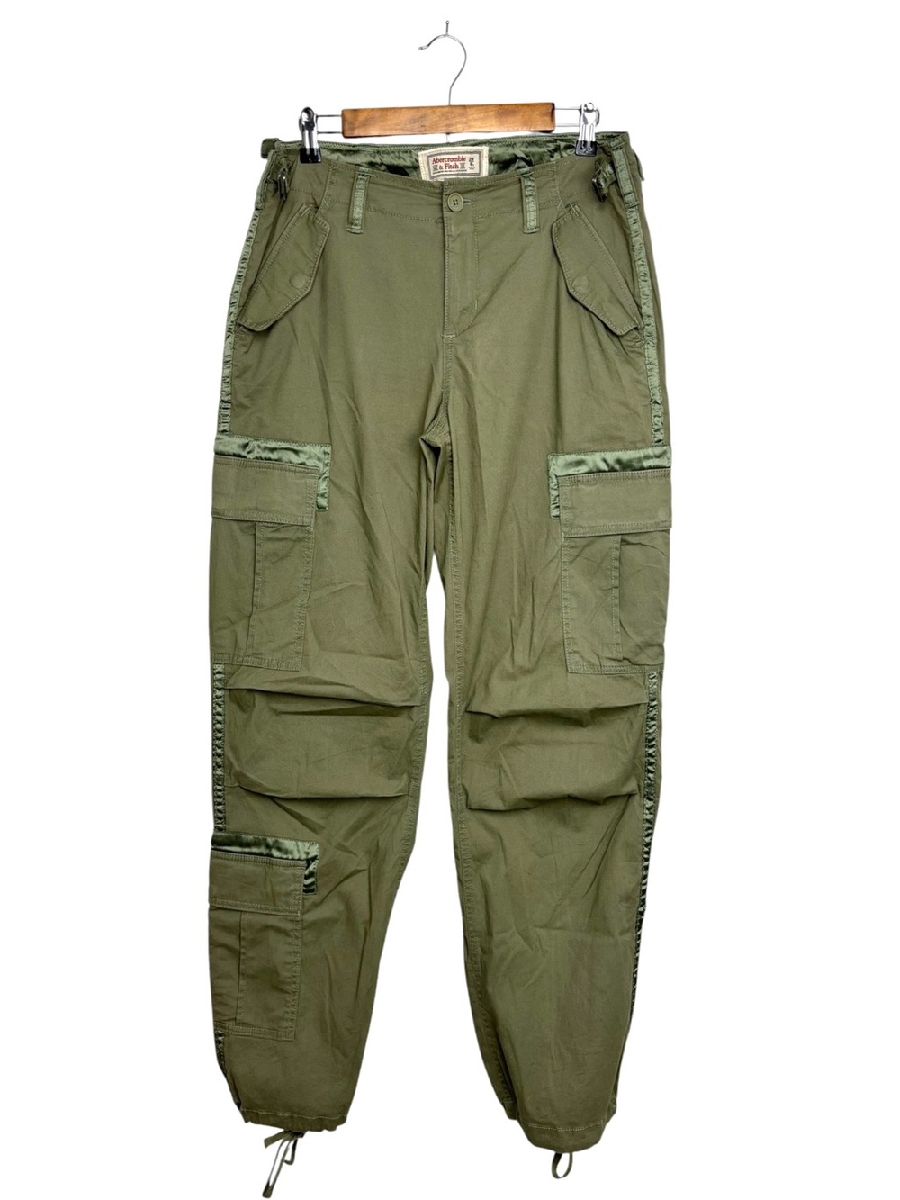 Vintage Y2K Abercrombie & Fitch Green Satin Cargo Paratrooper Pants 29/8 LONG